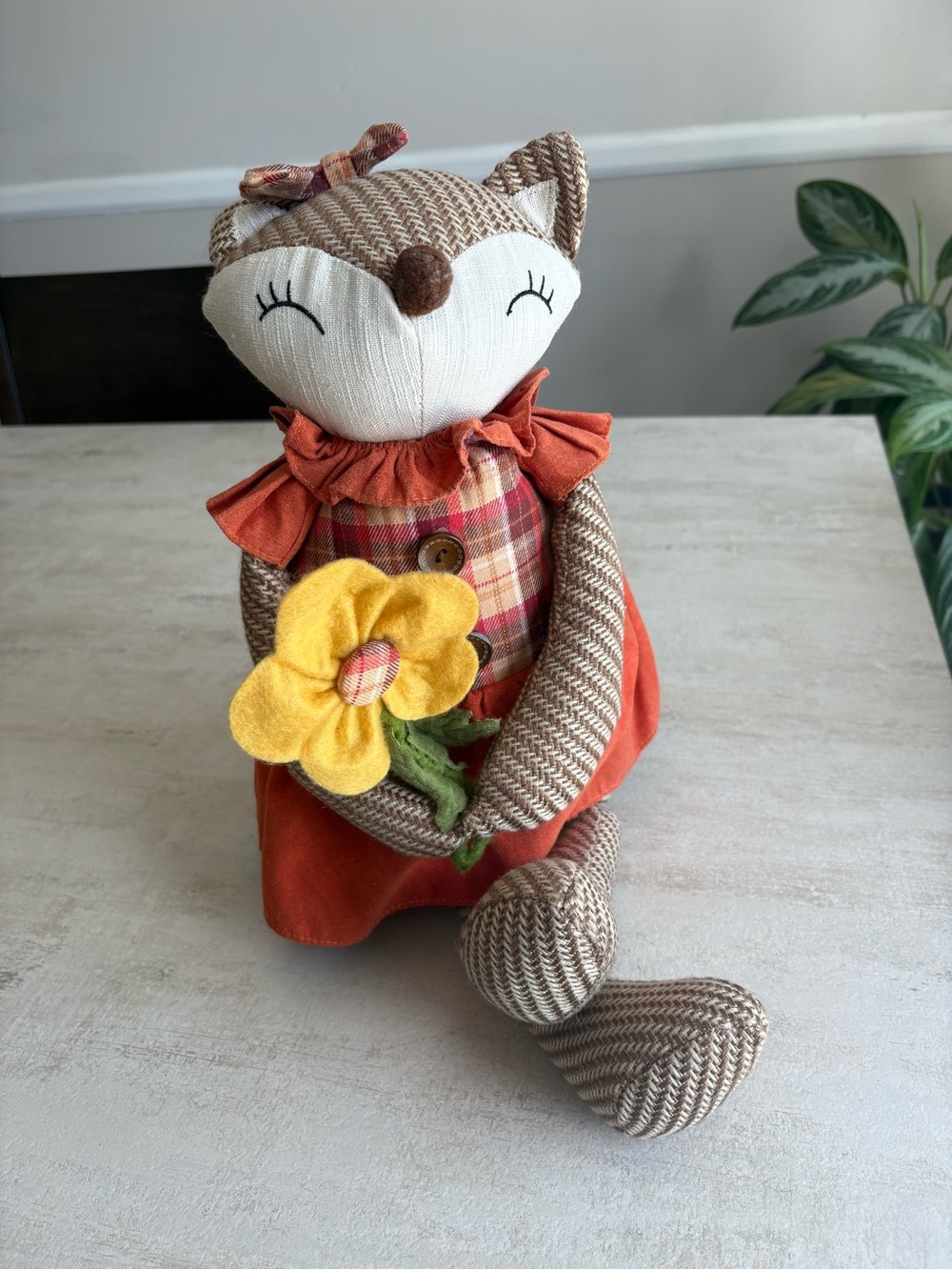 Handmade Fox Plush with Yellow Flower - Orange & Brown Home Accent ready for fal